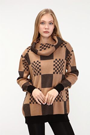 FTZ Women Kadın Desenli Triko Kazak Siyah 21-6021