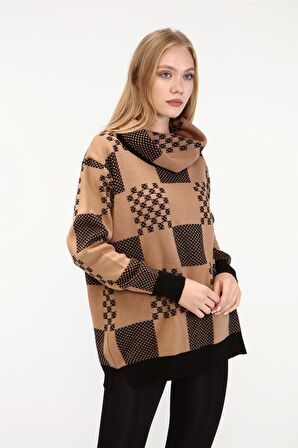 FTZ Women Kadın Desenli Triko Kazak Siyah 21-6021