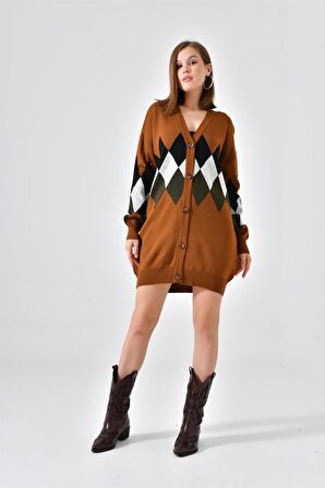 FTZ Women Kadın Göğüs Baklava Desen Hırka Taba 21-6285