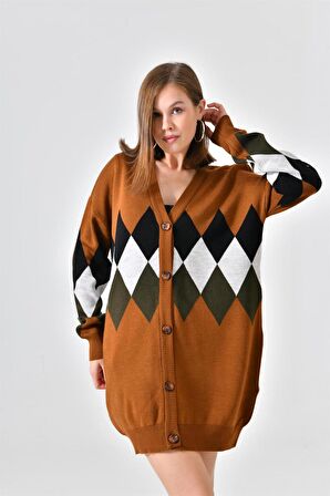 FTZ Women Kadın Göğüs Baklava Desen Hırka Taba 21-6285