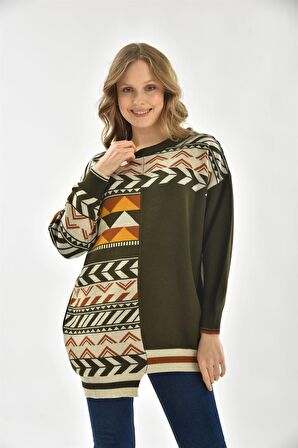 FTZ Women Kadın Etnik Desen Bluz Haki 21-6269