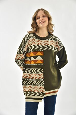 FTZ Women Kadın Etnik Desen Bluz Haki 21-6269
