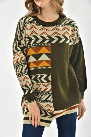 FTZ Women Kadın Etnik Desen Bluz Haki 21-6269
