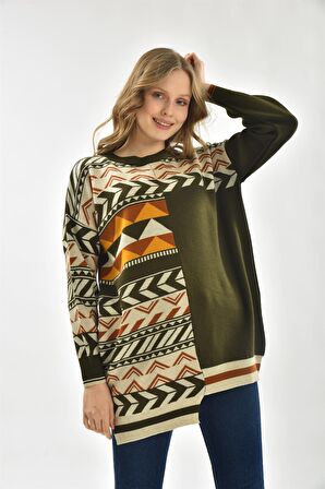 FTZ Women Kadın Etnik Desen Bluz Haki 21-6269
