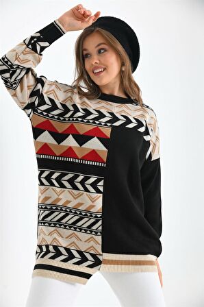 FTZ Women Kadın Etnik Desen Bluz Siyah 21-6269