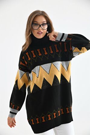 FTZ Women Kadın Zigzag Desen Sakallı Kazak Siyah