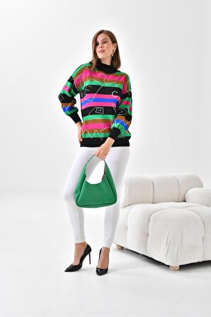 Ftz Women Kadın Geometrik Desenli Kazak Siyah 20109