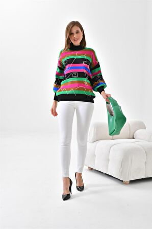 Ftz Women Kadın Geometrik Desenli Kazak Siyah 20109