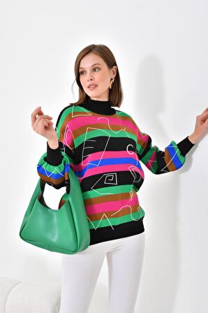 Ftz Women Kadın Geometrik Desenli Kazak Siyah 20109