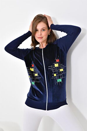 Ftz Women Kadın Kadife Detaylı Fermuarlı Hırka Lacivert 20485