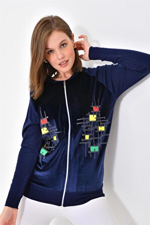 Ftz Women Kadın Kadife Detaylı Fermuarlı Hırka Lacivert 20485