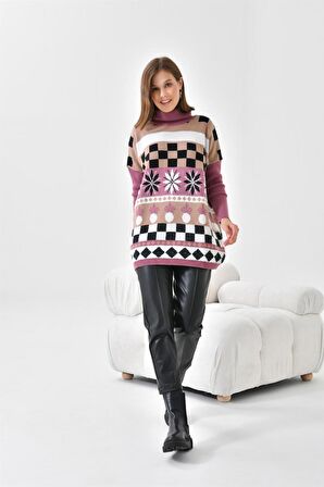 Ftz Women Kadın Karışık Desen Triko Kazak Gül 20432