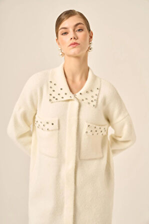 FTZ Women Kadın Beyoğlu Taş İşlemeli Hırka  Ekru 20774