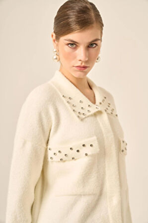 FTZ Women Kadın Beyoğlu Taş İşlemeli Hırka  Ekru 20774