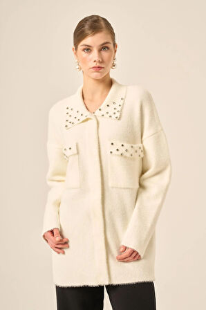 FTZ Women Kadın Beyoğlu Taş İşlemeli Hırka  Ekru 20774