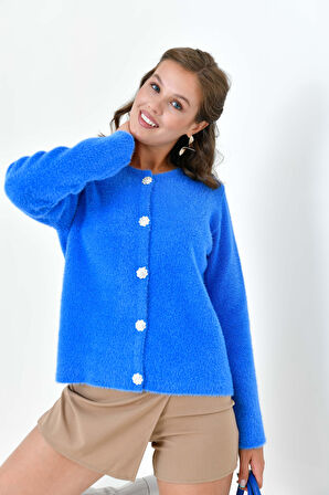 Ftz Kadın Düğme Detaylı Hırka Mavi 20788