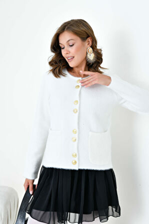 Ftz Kadın Düğme Detaylı Sakal Hırka Ekru 20843