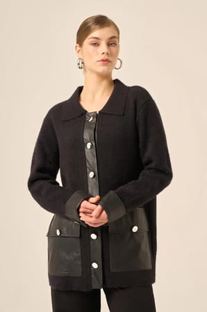 FTZ Women Kadın Deri Detaylı Ceket  Siyah 20793