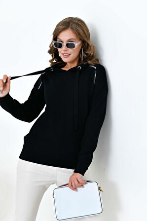 Ftz Kadın Kapüşonlu Kazak Siyah 20753