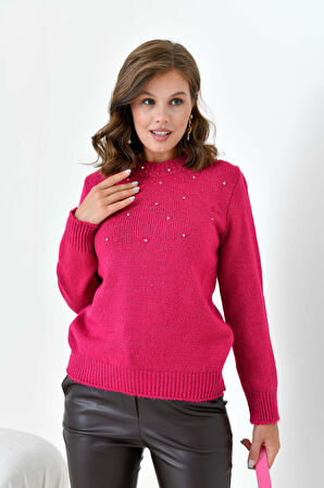 Ftz Kadın Boncuk İşlemeli Kazak Fuşya 20741