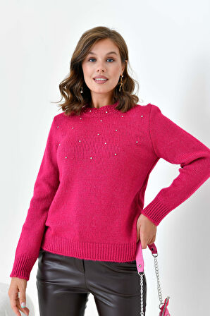 Ftz Kadın Boncuk İşlemeli Kazak Fuşya 20741