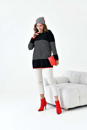 Ftz Kadın Çizgili Kazak Siyah 20841