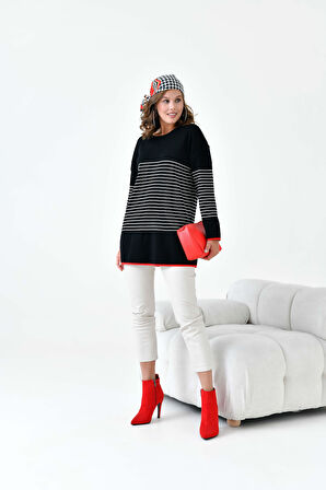 Ftz Kadın Çizgili Kazak Siyah 20841