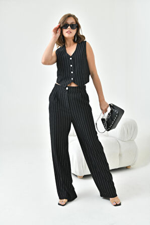 Ftz Women Kadın Simli Crep Yelekli Takım Siyah 30851