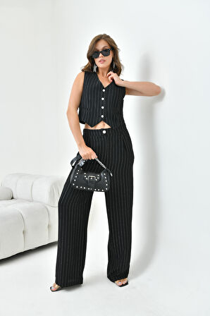 Ftz Women Kadın Simli Crep Yelekli Takım Siyah 30851