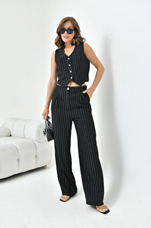 Ftz Women Kadın Simli Crep Yelekli Takım Siyah 30851