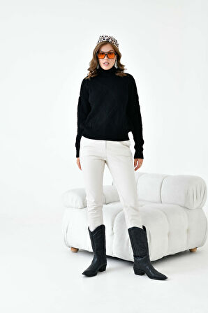 Ftz Kadın Pirinç Örgü Kazak Siyah 20909