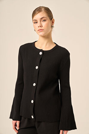 FTZ Women Kadın Volan Kol Detaylı Hırka  Siyah 20898