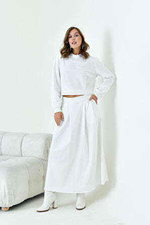 FTZ Women Kadın Bebe Yaka Etekli İki İp Takım  Ekru 30967