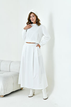 FTZ Women Kadın Bebe Yaka Etekli İki İp Takım  Ekru 30967