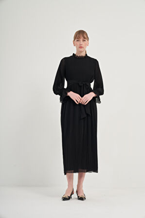 FTZ Women Kadın Plise Şifon Elbise  Siyah 31019