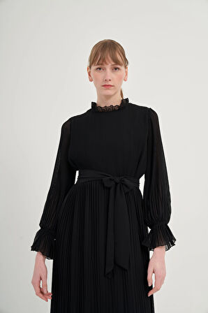 FTZ Women Kadın Plise Şifon Elbise  Siyah 31019