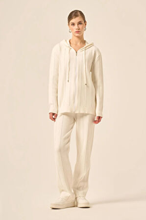 FTZ Women Kadın Kapşonlu Taş Detaylı İkili Takım  Ekru 20799