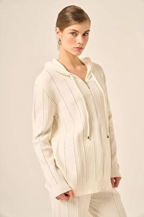 FTZ Women Kadın Kapşonlu Taş Detaylı İkili Takım  Ekru 20799