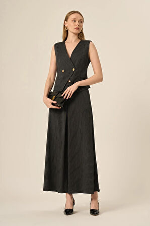 FTZ Women Kadın Yelek Etek Çizgili Takım  Siyah 31147