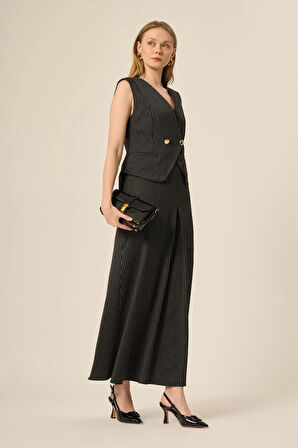 FTZ Women Kadın Yelek Etek Çizgili Takım  Siyah 31147