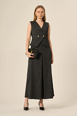 FTZ Women Kadın Yelek Etek Çizgili Takım  Siyah 31147