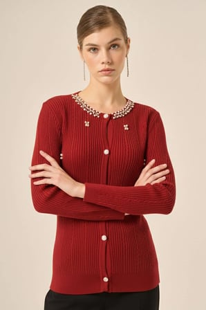 FTZ Women Kadın İnci Ve Beyoğlu Detaylı Hırka  Kırmızı 25090