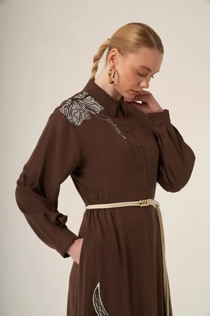 FTZ Women Kadın İşlemeli Detay Selin Elbise  Kahve 31327
