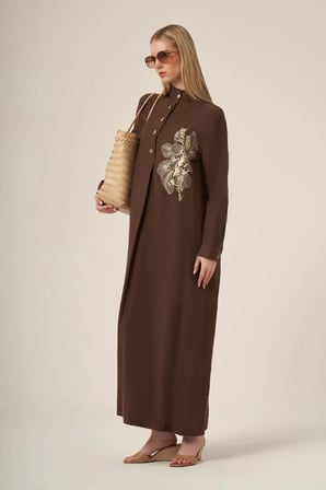 FTZ Women Kadın Selin İşlemeli Elbise  Kahve 31336