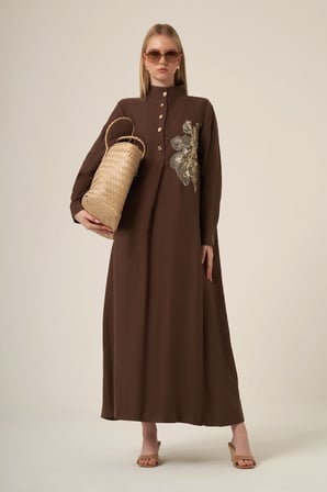 FTZ Women Kadın Selin İşlemeli Elbise  Kahve 31336
