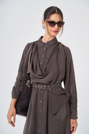 FTZ Women Kadın İpek Kupra Elbise  Kahve 31356