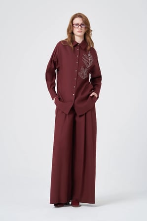 FTZ Women Kadın Zincir İşleme Tencel Keten Takım  Bordo 31374
