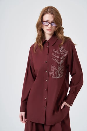 FTZ Women Kadın Zincir İşleme Tencel Keten Takım  Bordo 31374
