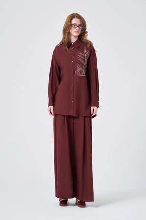 FTZ Women Kadın Zincir İşleme Tencel Keten Takım  Bordo 31374