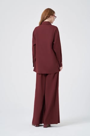 FTZ Women Kadın Zincir İşleme Tencel Keten Takım  Bordo 31374